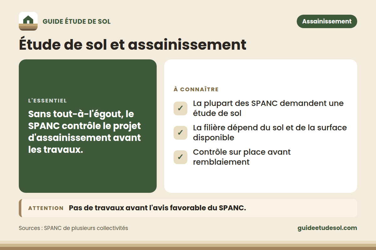 Fiche pratique : Étude de sol et assainissement. L'essentiel : Sans tout-à-l'égout, le SPANC contrôle le projet d'assainissement avant les travaux.