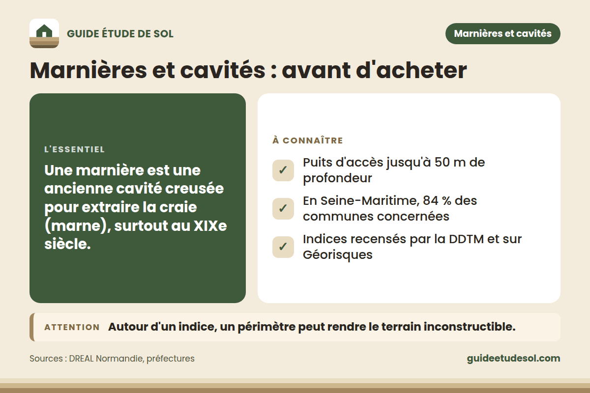 Fiche pratique : Marnières et cavités : avant d'acheter. L'essentiel : Une marnière est une ancienne cavité creusée pour extraire la craie (marne), surtout au XIXe siècle.