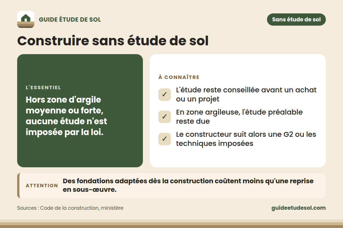 Fiche pratique : Construire sans étude de sol. L'essentiel : Hors zone d'argile moyenne ou forte, aucune étude n'est imposée par la loi.