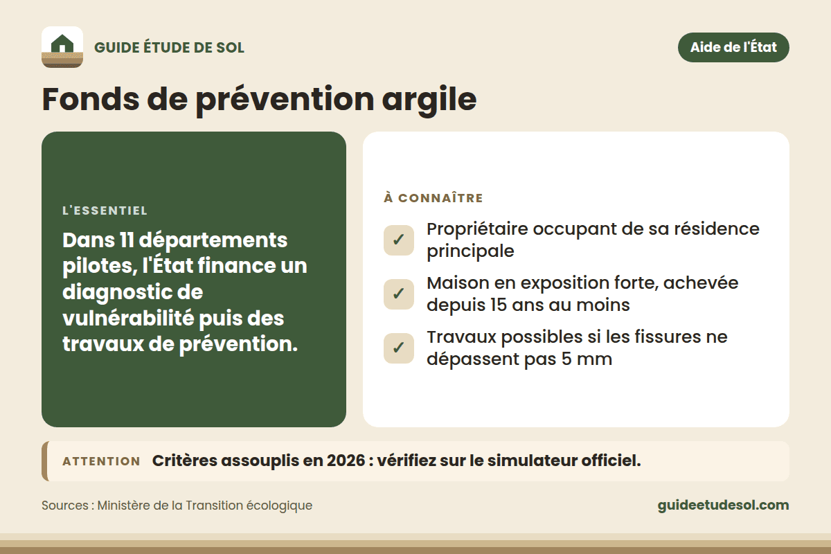 Fiche pratique : Fonds de prévention argile. L'essentiel : Dans 11 départements pilotes, l'État finance un diagnostic de vulnérabilité puis des travaux de prévention.