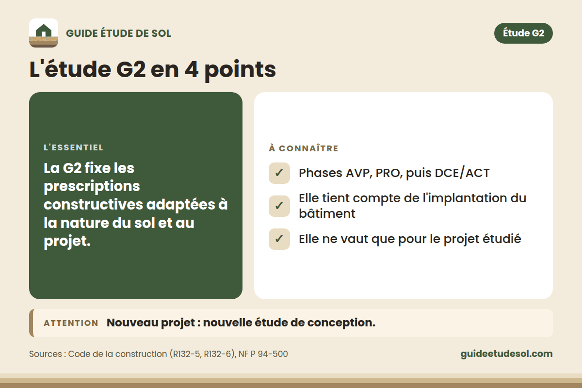 Fiche pratique : L'étude G2 en 4 points. L'essentiel : La G2 fixe les prescriptions constructives adaptées à la nature du sol et au projet.