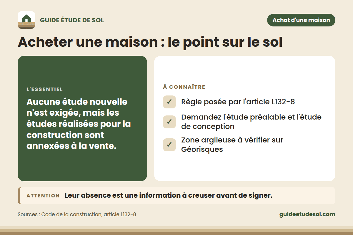Fiche pratique : Acheter une maison : le point sur le sol. L'essentiel : Aucune étude nouvelle n'est exigée, mais les études réalisées pour la construction sont annexées à la vente.