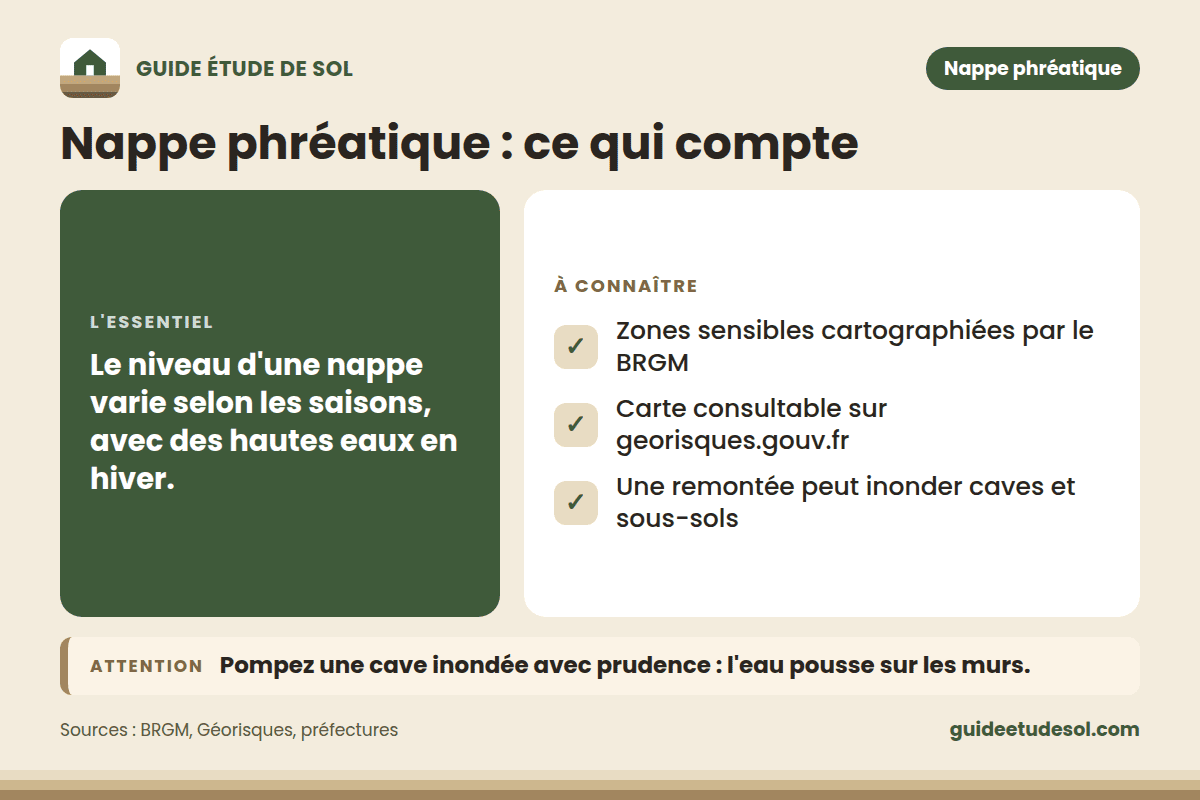 Fiche pratique : Nappe phréatique : ce qui compte. L'essentiel : Le niveau d'une nappe varie selon les saisons, avec des hautes eaux en hiver.