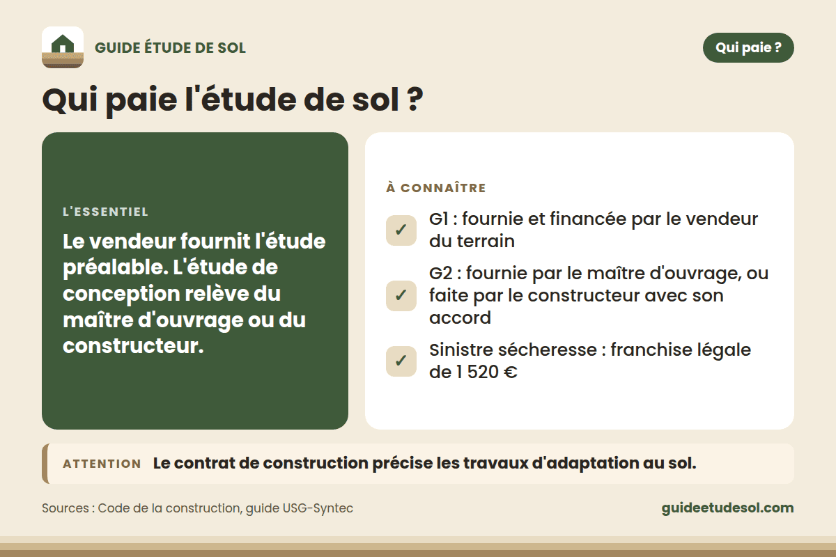 Fiche pratique : Qui paie l'étude de sol ? L'essentiel : Le vendeur fournit l'étude préalable. L'étude de conception relève du maître d'ouvrage ou du constructeur.