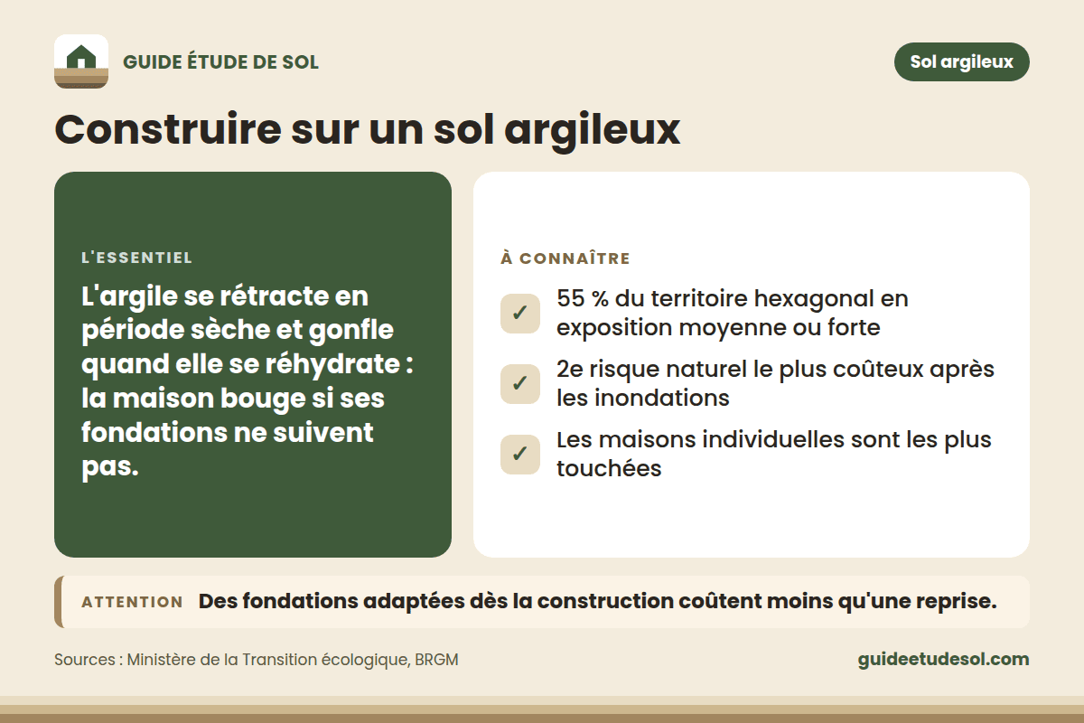 Fiche pratique : Construire sur un sol argileux. L'essentiel : L'argile se rétracte en période sèche et gonfle quand elle se réhydrate : la maison bouge si ses fondations ne suivent pas.