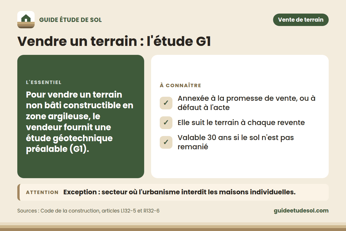 Fiche pratique : Vendre un terrain : l'étude G1. L'essentiel : Pour vendre un terrain non bâti constructible en zone argileuse, le vendeur fournit une étude géotechnique préalable (G1).